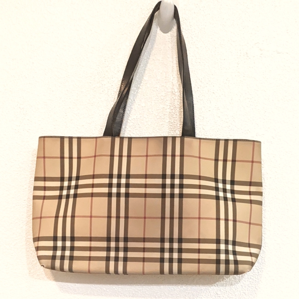 Vintage Burberry Beige Check Coated Canvas Tote Large